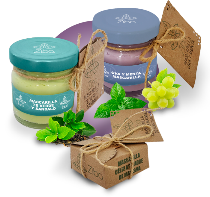 Mascarilla de te verde y sandalo Ziba, mascarilla de uva y menta ziba, mascarilla de celulas madre ziba